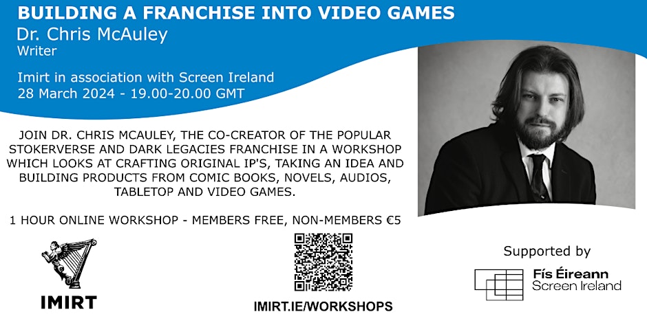 The next Imirt workshop is up! 

Join Dr. Chris McAuley, the co-creator of the popular  StokerVerse and Dark Legacies franchise in a workshop about crafting  original IP

eventbrite.ie/e/building-a-f…

#imirt #gamedev #ireland #NorthernIreland  #stokerverse #darklegacies