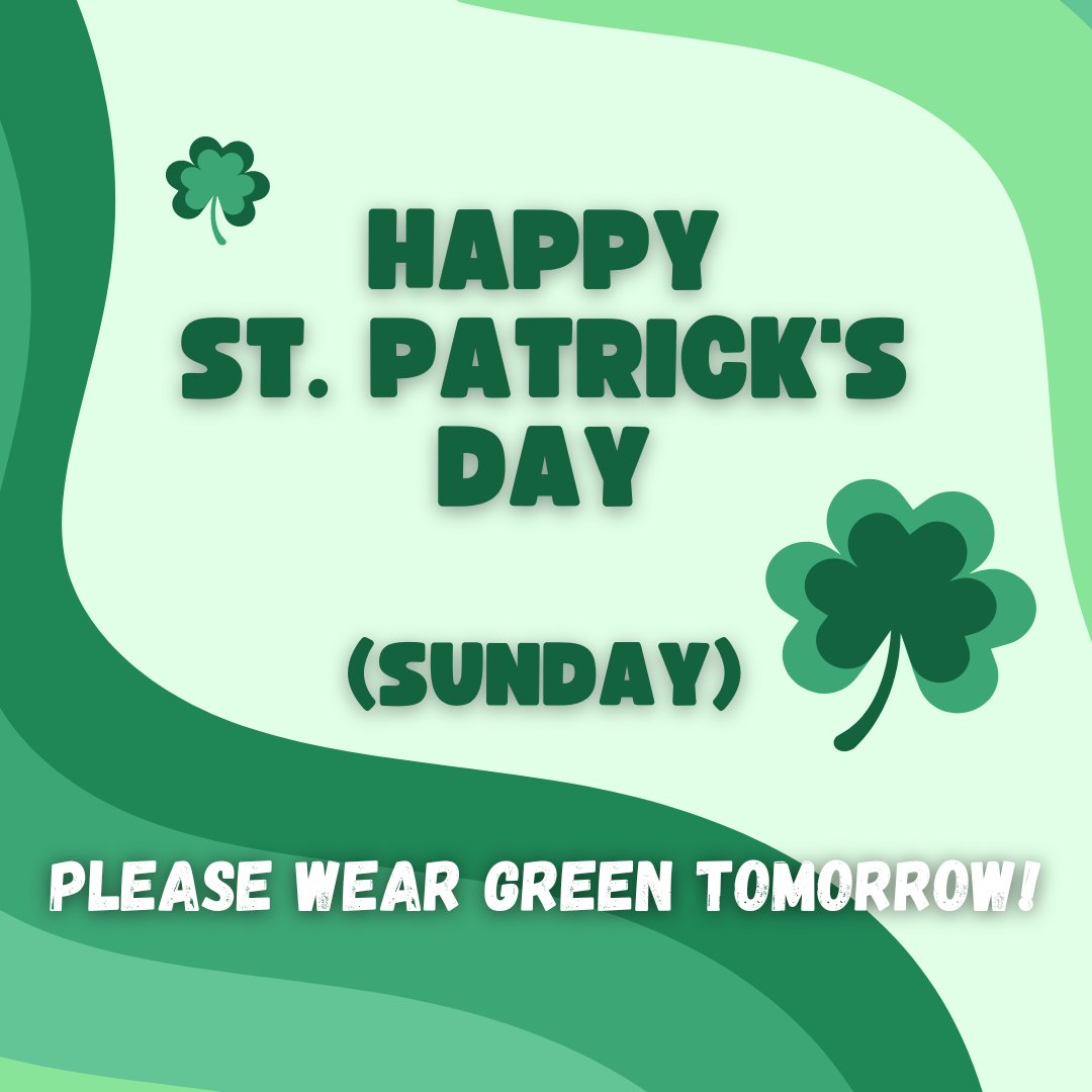 MorrinSWAT's tweet image. St. Patrick's Day is on Sunday, March 17!

Please remember to wear green to school tomorrow to celebrate! 📷

#MorrinSWAT #StPatricksDay #fun #green #celebrate #MorrinProud