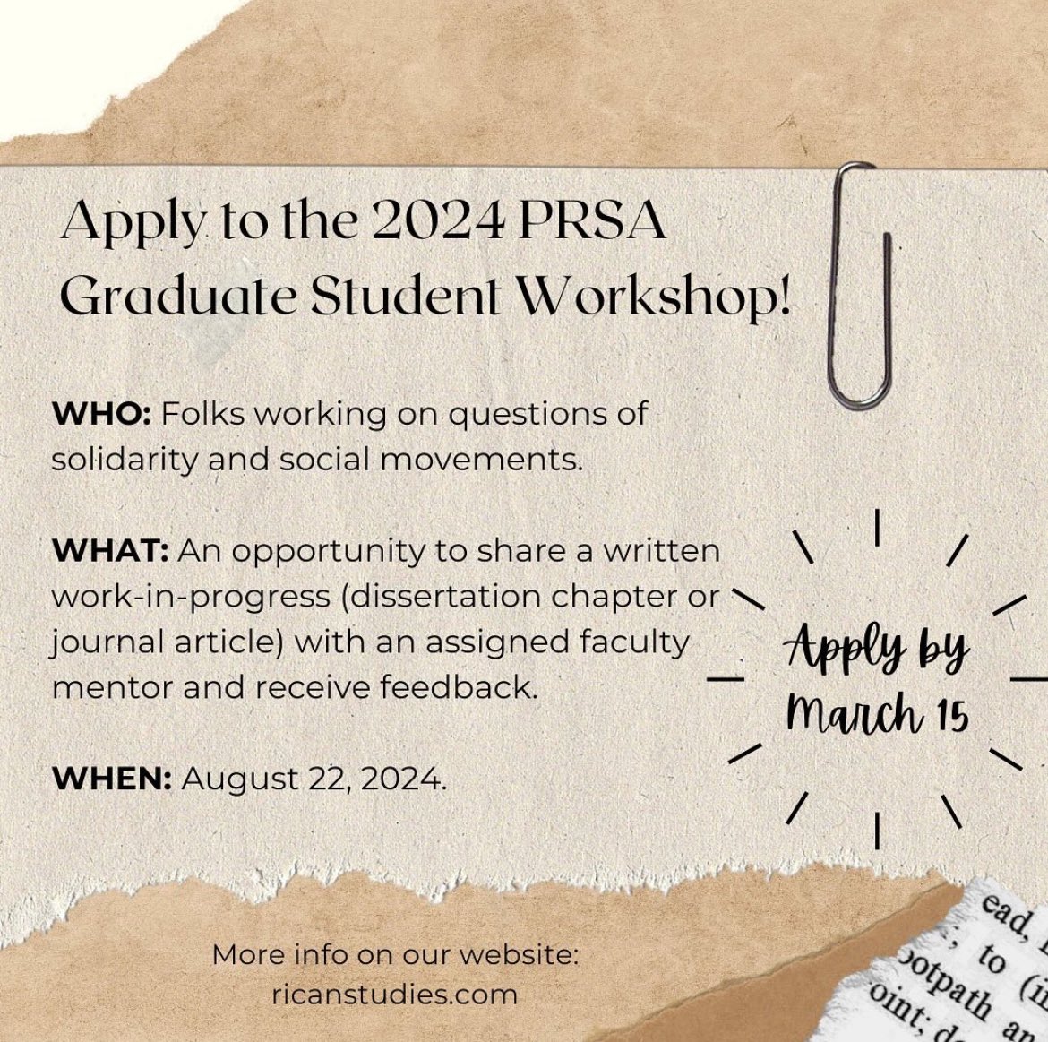 🚨One more day to submit!🚨 ✨Puerto Rican Studies Association Pre-Conference Graduate Student Workshop✨ This is a perfect moment to receive feedback on your research from a mentor in Rican Studies! Apply and remind others to too! For more details: ricanstudies.com