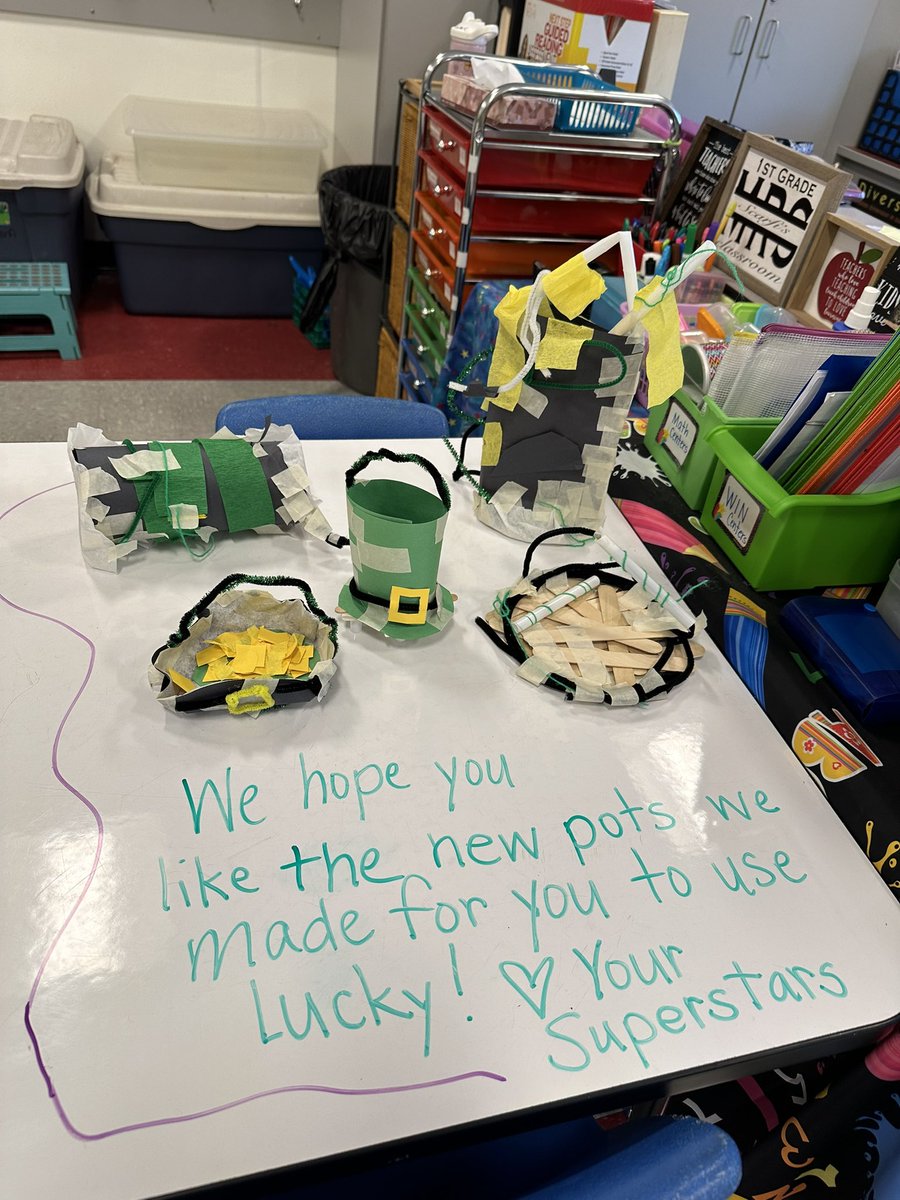 A leprechaun has been hanging around and causing mischief in our classroom this week. While doing so, he broke his pot and we had to create new ones for him to use. We hope he likes our designs (and brings us gold!!) ☘️💰🍀💰#Superstars