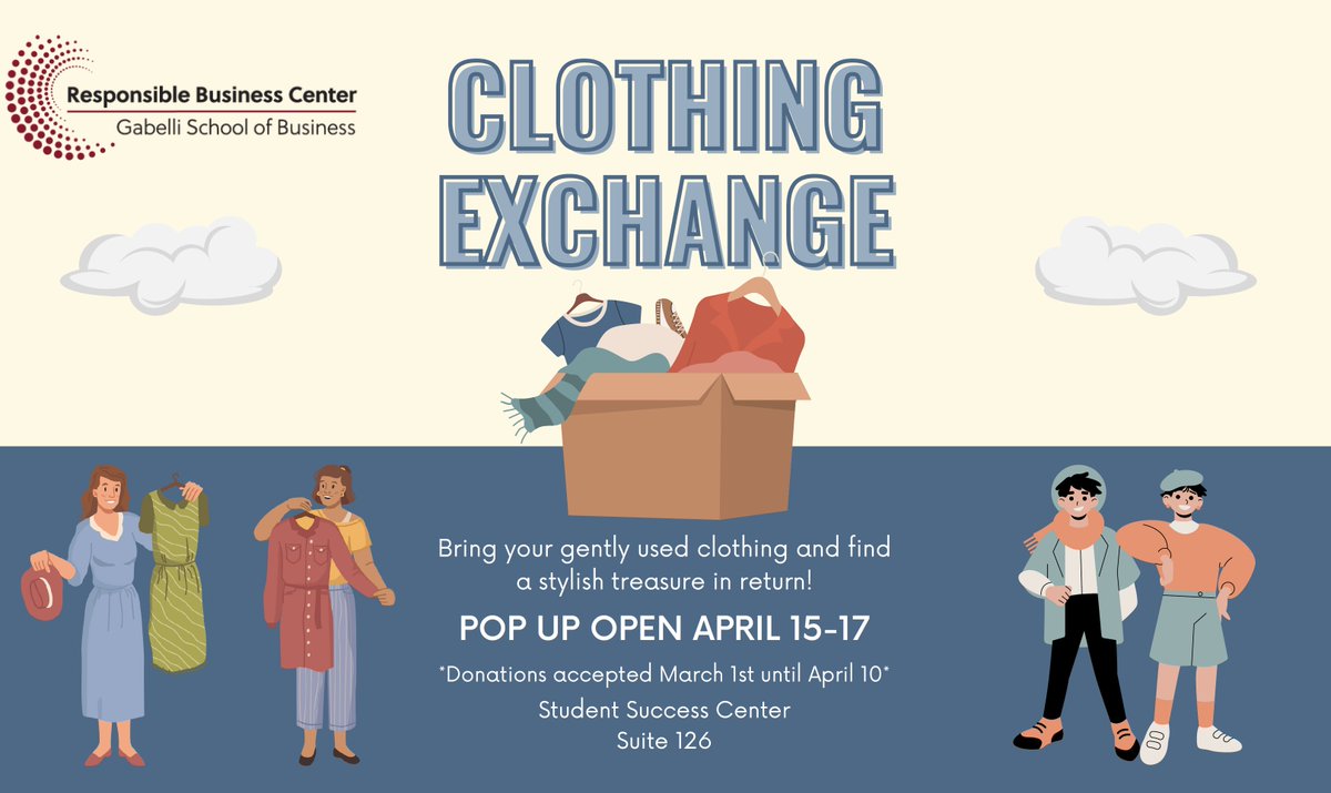 Participate in the Responsible Business Center's Clothing Exchange. Our pop up will be open 4/15-17. Clothing donations will be accepted 3/1 - 4/10 and can be dropped off at the Gabelli School of Business, 140 West 62nd Street, First Floor, Student Success Center, Suite 126.