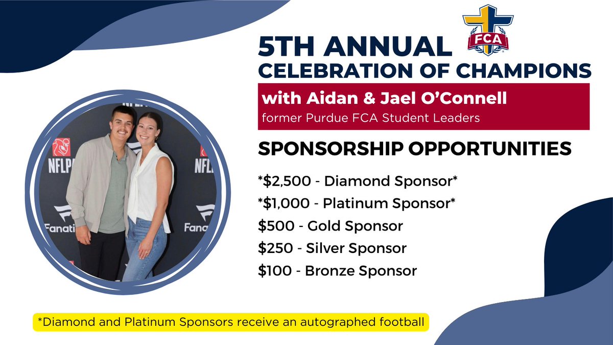 Would you, your church or your business like to sponsor the 5th Annual FCA Celebration of Champions?

Click here - mcindianafca.org/champions - to learn more!