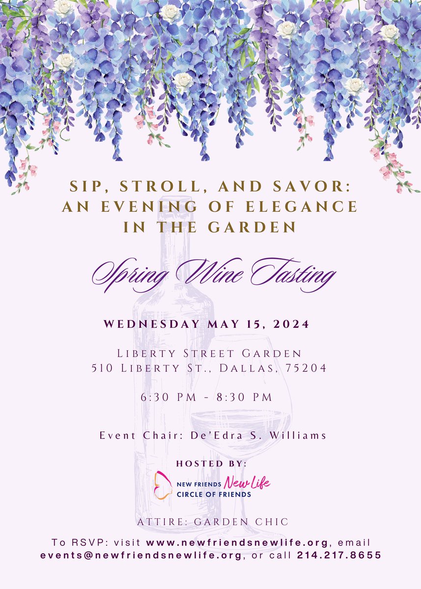 🪻Join the NFNL Circle of Friends for our Spring Wine Tasting on May 15th! Enjoy delicious wines and chef-prepared bites with the serene Liberty Street Garden as a backdrop. ✨ Buy your tickets & sponsorships today and invite your friends! newfriendsnewlife.org/wine-tasting-2…