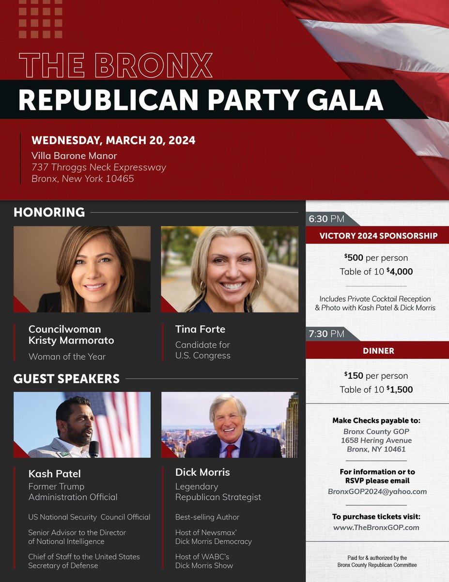 Looking forward to @TheBronxGOP Gala next week with my friends @KristyMarmorato and @DickMorrisTweet #SaveNY Purchase tickets at TheBronxGOP.com