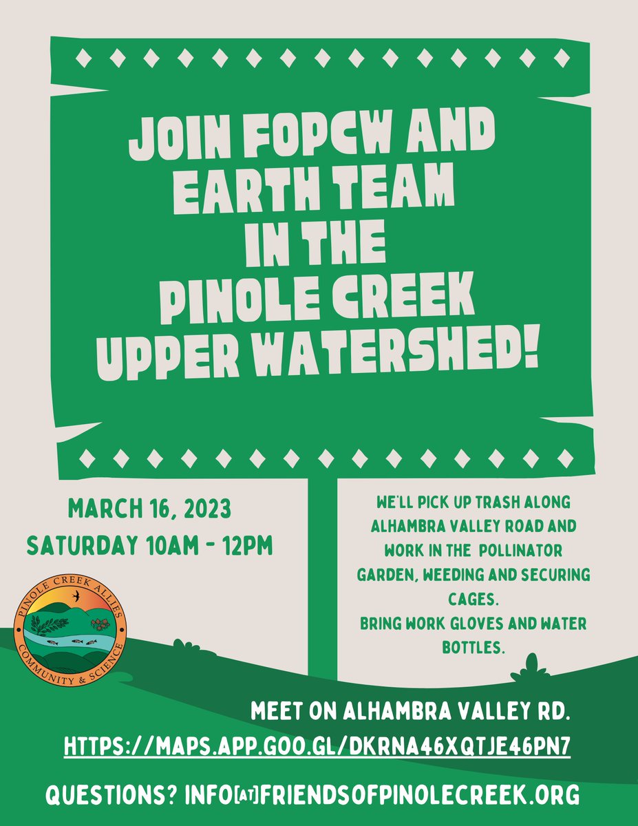 This Saturday, March 16th from 10am-12pm will be the next Community Cleanup hosted by the Friends of Pinole Creek Watershed and Earth Team. Meet on Alhambra Valley Road in the Upper Watershed: google.com/maps/search/37… #communitycleanup #pinolecreek #stewardship #volunteer
