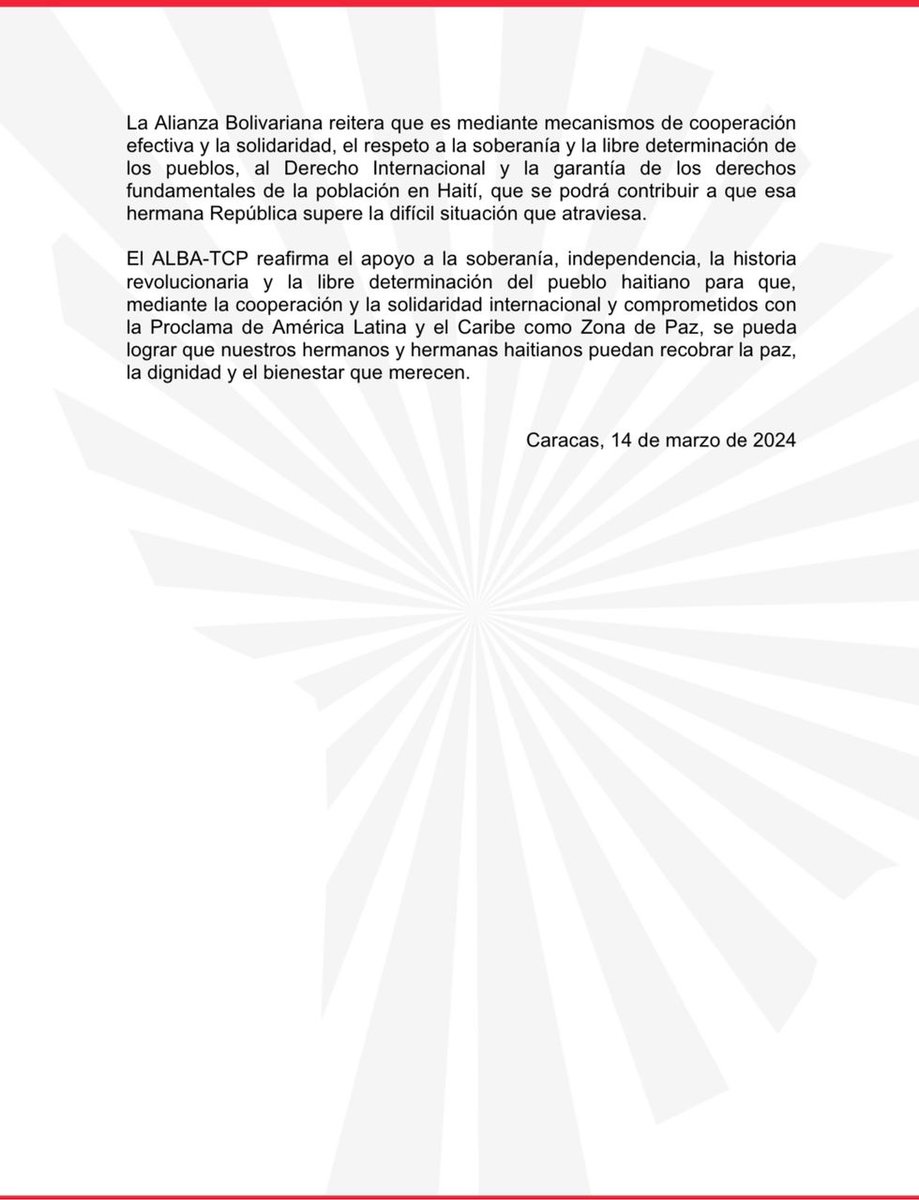 Los países del @ALBATCP manifiestan su solidaridad con el pueblo de Haití a través del siguiente #COMUNICADO: 'El intervencionismo históricamente ha representado un fracaso, es mediante el respeto al Derecho Internacional y a la soberanía que se superará la situación actual'.