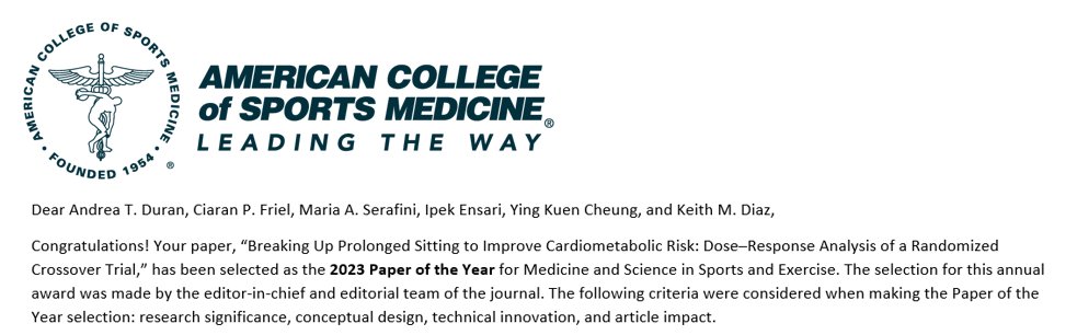 Honored that our team's work was awarded the #ACSM #MSSE 2023 Paper of the Year! This study helps pave the way for the development of evidence-based quantitative sedentary break guidelines. #sitless #movemore @MSSEonline @ACSMNews @CPFriel @CBCH_Columbia @Columbia