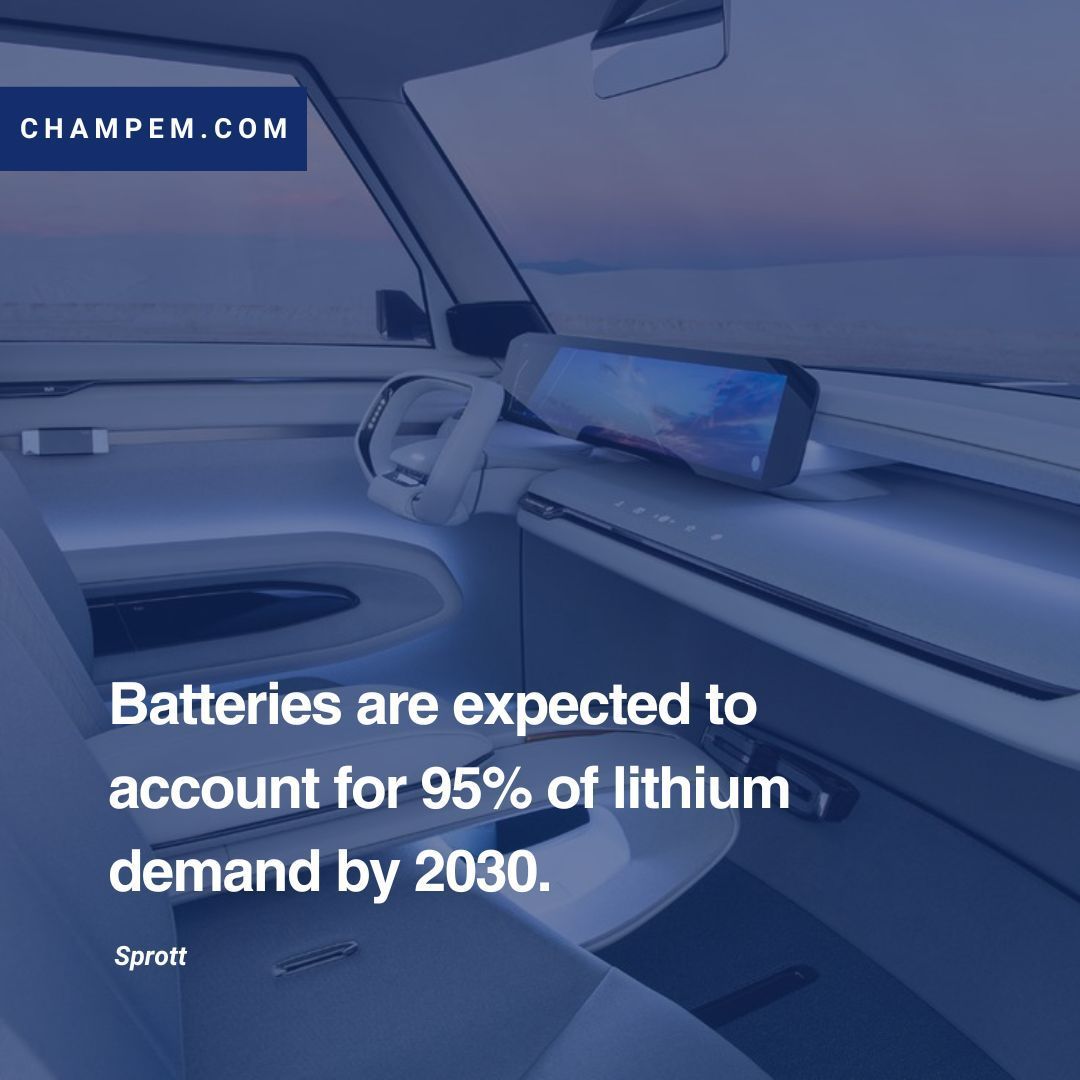 With batteries projected to drive 95% of lithium demand by 2030, we're gearing up for a powerful transformation in energy storage. Discover our projects ➡️ champem.com $LTHM $CHELF #SustainableFuture #ChampionElectricMetals #Exploration #Mining #Lithium