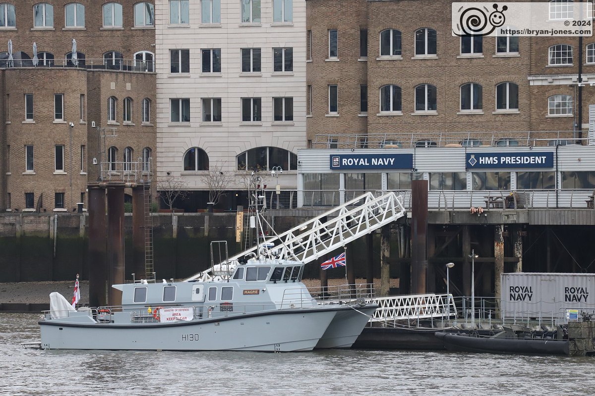 HMS Magpie, the Royal Navy's smallest commissioned vessel, visiting HMS President in central London close to Tower Bridge. HMS Magpie is a hydrographic survey vessel, hence the pennant number H130. IMG_7811, 14-Mar-2024. @RoyalNavy @hms_magpie @HMSPresidentRNR #thames #london