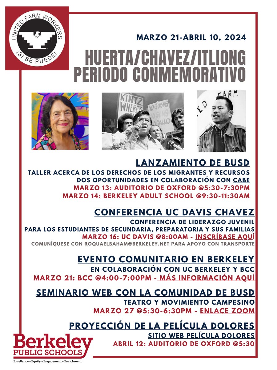 Únase a BUSD en la celebración del Período Conmemorativo de César Chávez, Dolores Huerta y Larry Itliong, del 21 de marzo al 10 de abril, en estos numerosos eventos planeados para este tiempo de aprendizaje y homenaje. Más información: bit.ly/3wSJOcZ