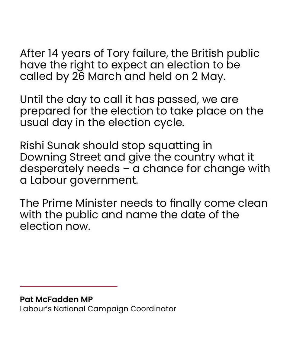 The Prime Minister should stop squatting in Downing Street and give the country what it desperately needs - a chance for change with a Labour Government. 🌹 Full statement below.