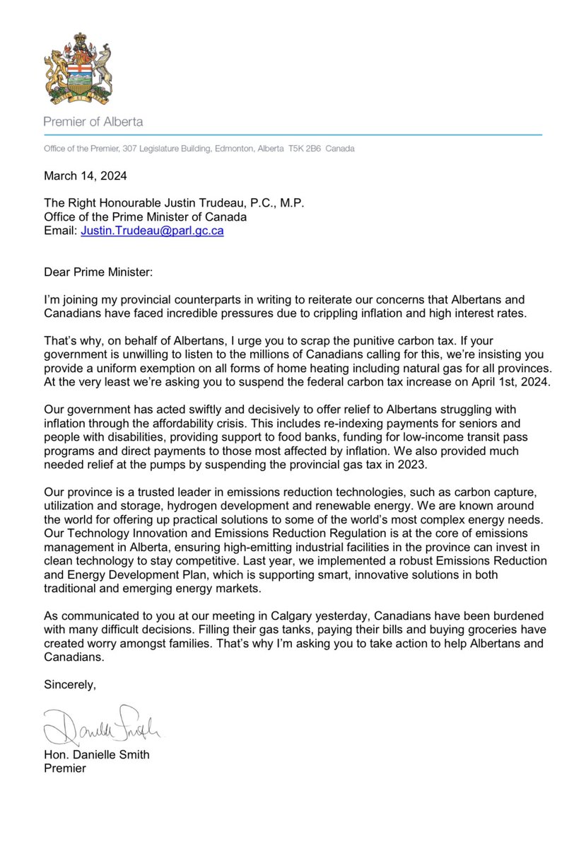 I am joining with the majority of Premiers and Provinces in opposition to @JustinTrudeau’s federal carbon tax. Ottawa must listen to the voices of Canadians.