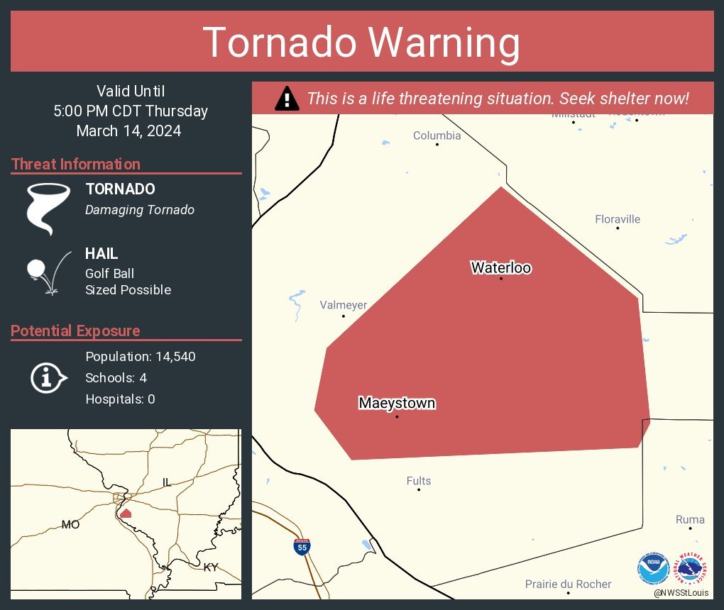 LimWeather's tweet photo. Ok, our first #PDS #Tornado of this watch no 2 otg in #Mayestown, #WaterlooIL of #Illinois' #MonroeCounty!
TAKE SHELTER IMMEDIATELY!
#SevereWX #SPC #TornadoWarning #ILwx #STLwx #Wind #Hail #ParticularlyDangerousSituation https://t.co/zp8jx1usT9