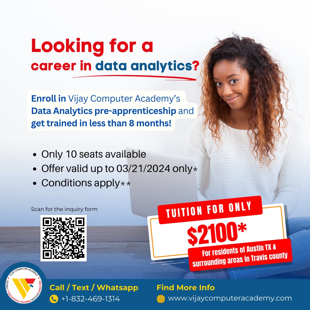 📊 VCA is data analytics pre-apprenticeship training for individuals residing in Austin, TX and surrounding areas in Travis County for only $2100 But hurry - only 10 seats are available! Offer valid up to 03/21/2024 only** Conditions apply* vijaycomputeracademy.com/enroll-apprent…