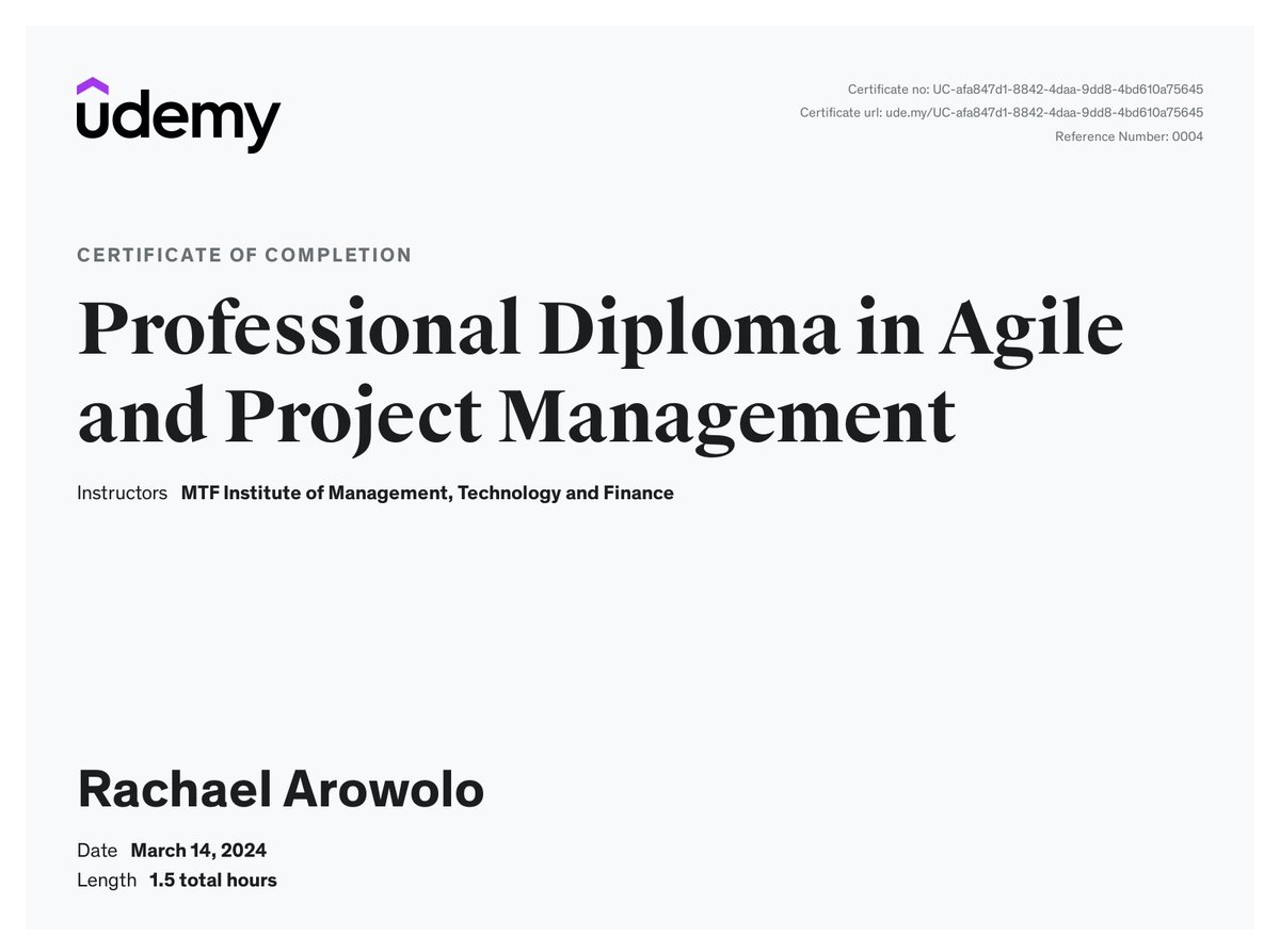 Learning never ends 😃. 

I spent 1.5 hours taking this Project Management course by MTF Institute of Management, Technology & Finance on @udemy. 

#ProjectManagement #AgilePM #WomenInTech