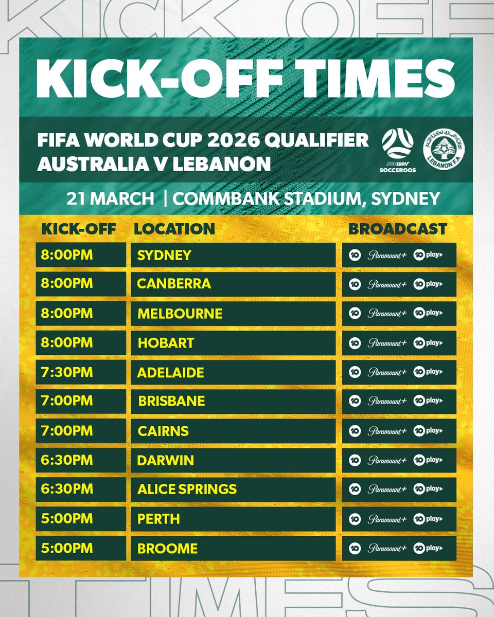 Socceroos's tweet photo. ππ¦β° The kick-off times for #AUSvLIB in Australia and around the world.
π° How to watch: https://t.co/gzXN3Yf0WT
π¦πΊ v π±π§ - 21.3.24 - 8:00pm AEDT
#Socceroos #DifferentBreed https://t.co/gdRY0fsxkt