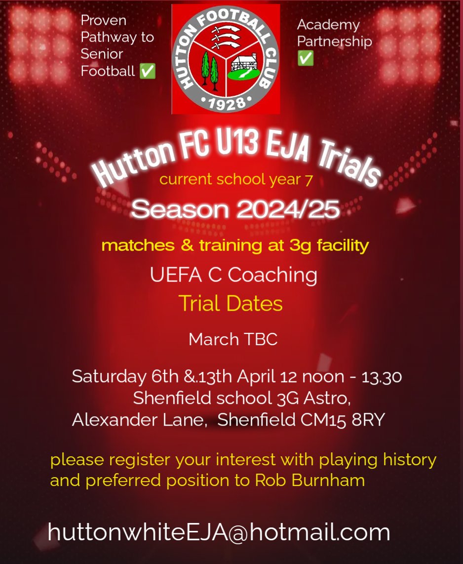 @HuttonEja @huttonfc @EssexCountyFA @EJALeague @echoleague Register your interest for our new U13 EJA team for season 2024/25 (current school year 7).
