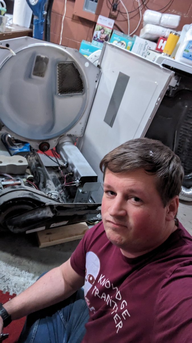 Hindsight_Acad's tweet photo. Anyone else spend a day on spring break taking apart a dryer to fix it and then pray you got it all back together correctly? Fun times and I only had 1 extra screw left at the end 😂 https://t.co/lv6fYo4ofD
