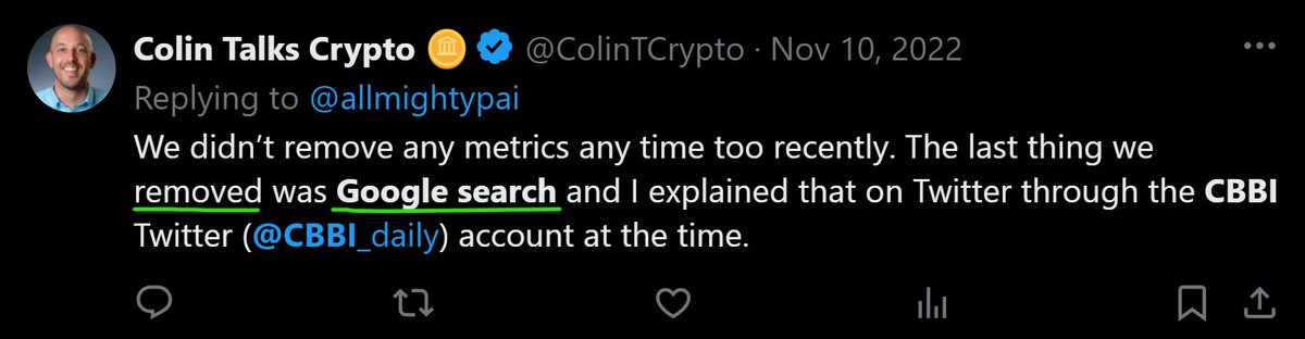 <a href="/cryptogrit/"></a> <a href="/CBBI_daily/">CBBI - ColinTalksCrypto Bitcoin Bull Run Index</a> Hi Zeljko,

Thank you for your review of CBBI! I enjoyed watching it and I think you did a good job.

I wanted to answer a few questions that you had asked in your video:

1. You asked about the two bitcoin price peaks in 2021 ($64k and $69k) and why the CBBI score was lower for