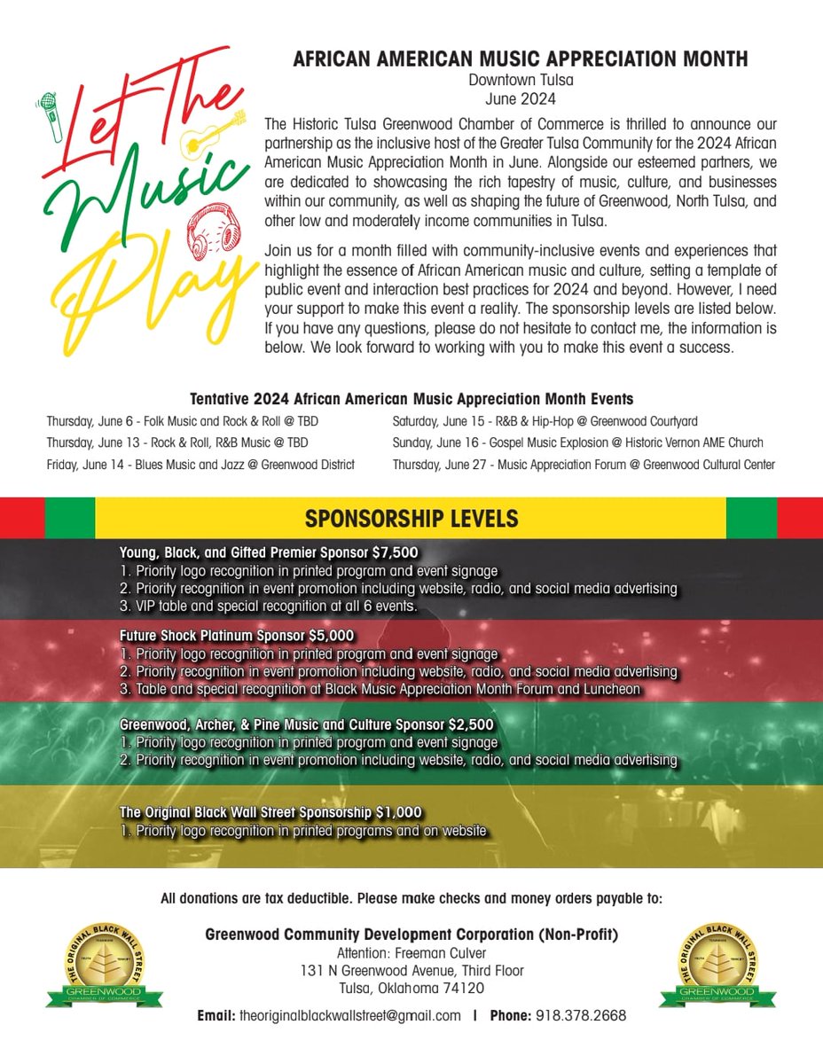 Since all of our events are free, kindly encourage your business or organization to sponsor us.  Another victory for the culture.Individuals are also able to give too. Any amount is greatly appreciated thanks, see here: Historic Greenwood Chamber Cash App is $GCCBlackWallStreet