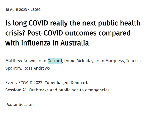 criprights's tweet photo. So the ABC didn't actually link to John Gerrard's published research, so I went and looked for it at the European Society of Clinical Microbiology &amp; Infectious Diseases (ESCMID) website.

There's only one study. It's dated Apr 2023.

When WAS that 'study'? https://t.co/LWbInrKFsa https://t.co/L6CAmHOb4m