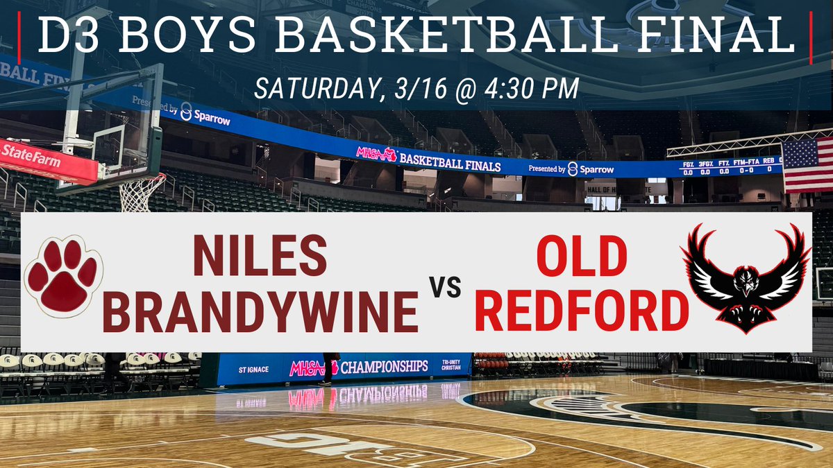 🏀 D3 BOYS BASKETBALL FINAL MATCHUP:  Niles Brandywine will face Old Redford in the D3 Final this Saturday at 4:30pm.
🎟️Buy Tickets: ow.ly/ZEHG50QTwp2  
<a href="/OldRedfordHoops/">Old Redford Hoops</a> @ORADistrict 
 #basketball #finalsbound #goodluck #MHSAA