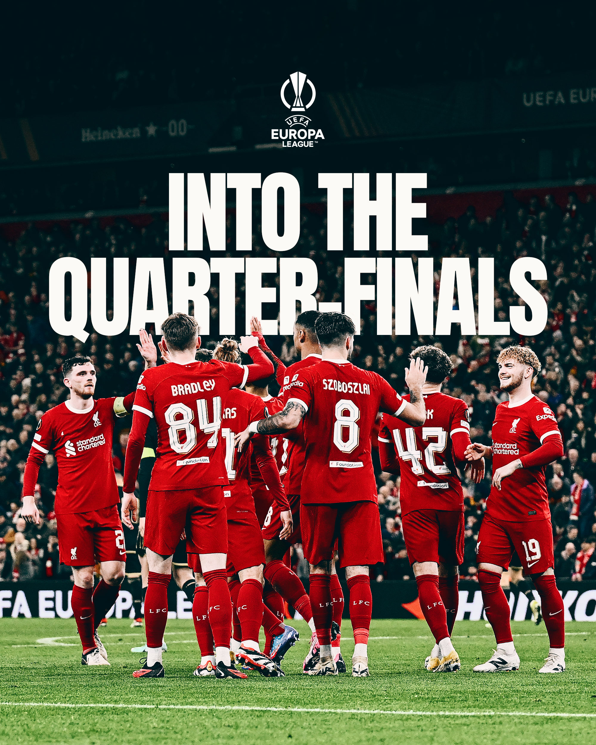 Graphic showcasing that Liverpool have reached the quarter-finals of the UEL.

The graphic includes photography from Liverpool's victory over Sparta Prague.