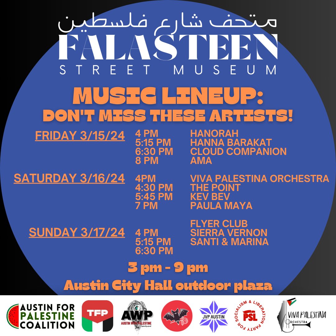 tech4palestine's tweet photo. You can see some of these artists at the protest concerts Falasteen Street Museum is holding at Austin City Hall outdoor plaza this weekend! They'll be joined by @paulbiggar &amp; @gregjstoker Fri &amp; Sat - join them for a pro-Palestine tech perspective #boycottsxsw #antisxsw https://t.co/TDjvH75sKk