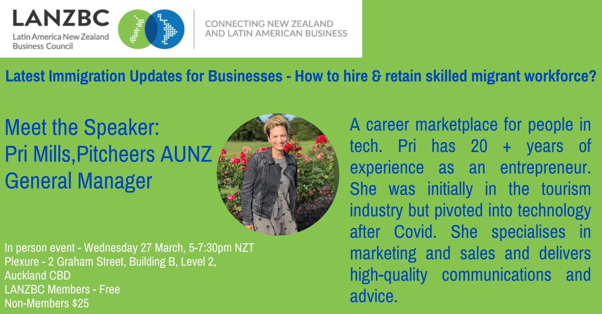 27th March! Immigration and recruitment are affecting all industries. . Pri Mills will be joining us to highlight what NZ companies are doing to deal with skills shoratge. Thanks Plexure for hosting us. To register: lanzbc.co.nz/events/upcomin…