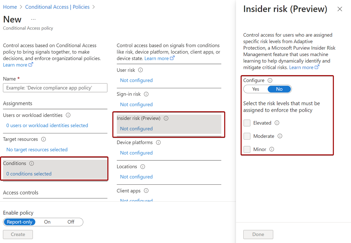 kennethvs's tweet photo. There is a new Condition for #EntraId Conditional Access in town

Microsoft has made available a new Condition for use in Conditional Access. The new Condition allows you to leverage Insider risk coming from Purview in your Conditional Access policies.

We could for example block access when someone has an "Elevated" risk level, or require an compliant device when the risk level is set to moderate. 

Microsoft Purview Insider Risk Management is a compliance solution that detects, investigates, and acts on malicious and inadvertent activities within an organization. It correlates various signals to identify potential risks such as IP theft, data leakage, and security violations. Microsoft Purview Insider Risk Management is licensed through the Microsoft 365 E5 Compliance or Microsoft 365 E5 Security and Compliance plans.

Within Conditional Access we can leverage 3 risk levels or Insider risk:

Elevated
User performed activities that might indicate a high degree of risk. Typically requires an insider risk admin to take proactive measures to prevent further risky activity from occurring.

Moderate
User performed activities that might indicate a moderate degree of risk. While not as severe as an elevated risk, insider risk admins will still take appropriate actions to prevent further risky activity from occurring.

Minor
User performed activities that might indicate a minimal degree of risk. Typically, insider risk admins will continue to detect risky user activity to determine whether further action is required.