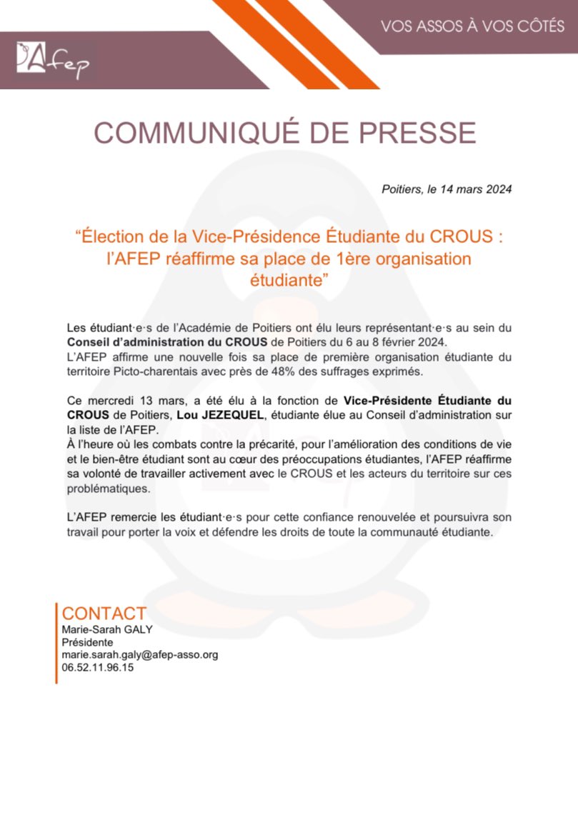 [#CdP]

L'AFEP réaffirme sa place de 1ère organisation représentative des étudiants avec l'élection de <a href="/Lou_Jezequel/">Lou JEZEQUEL</a> à la Vice-Présidence Etudiante du
<a href="/POITIERS_CROUS/">Crous Poitiers</a> 

L'AFEP continuera son travail au sein du CROUS pour répondre aux besoins des étudiants