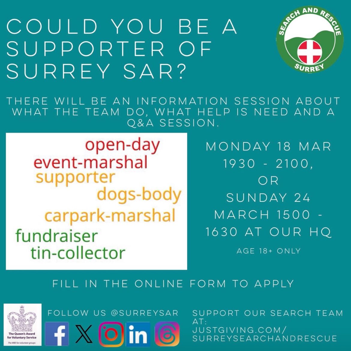 Want to support a fantastic charity in Surrey? The Surrey Search & Rescue team are looking for non-operational (non-search) volunteers to support them in diverse areas such as fund raising, events etc. Fill in the form to begin the application process. forms.office.com/pages/response…