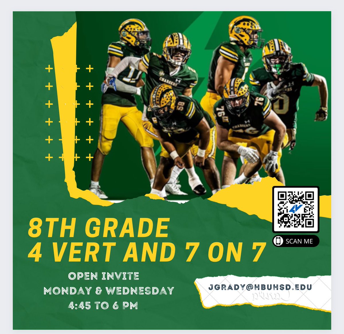 Open Invite to all 8th graders interested in joining our 7 on 7 team for the 4 vert league. Please sign up using the QR code or link in our bio. Join us this Monday and Wednesday at 4:45 to 6 PM. Here are the dates for the league: March 24 April 7 April 14 April 21 April 28