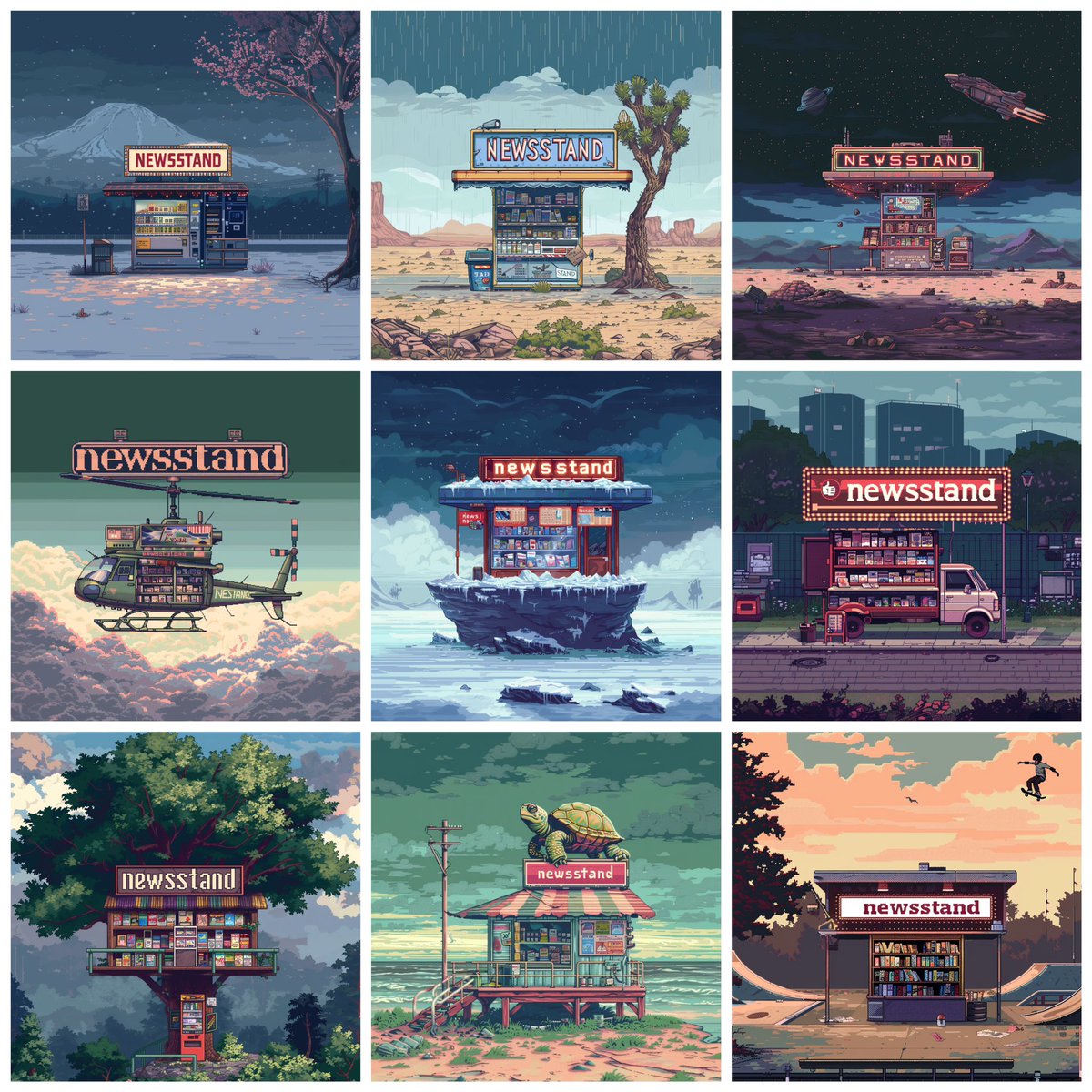 2022 
🗞️ NEWSSTANDS 
100 photographs 

2023 
☄️ NΞWZZTANDZ
111 futuristic AI creations

2024 
👾 8~bît NWSTNDS
 A new collection of 44 is pixelating. 
An ode to early videos game classics like pitfall, frogger, &amp; space invader.  
Details Soon / Minting at NFTNYC 🔵