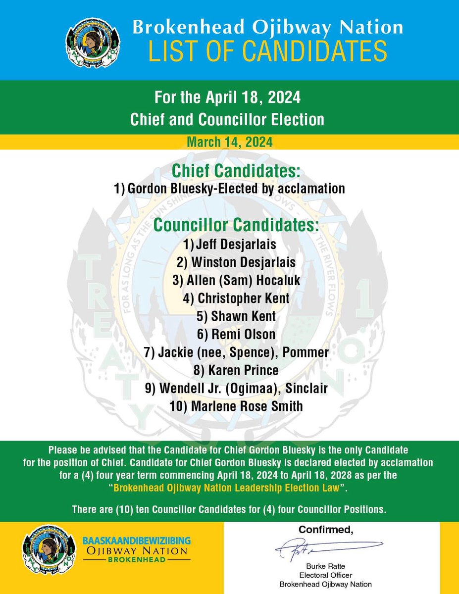 treatyonenation's tweet photo. Chief Gordon BlueSky re-elected as Chief of Brokenhead Ojibway Nation! Council election coming up! Advanced Poll: April 17, 8am-8pm at Canad Inns Garden City, Winnipeg. Election Day: April 18, 9am-8pm at Private Tom Chief Memorial Hall, BON. Every vote counts! https://t.co/U8KgkRkYUZ