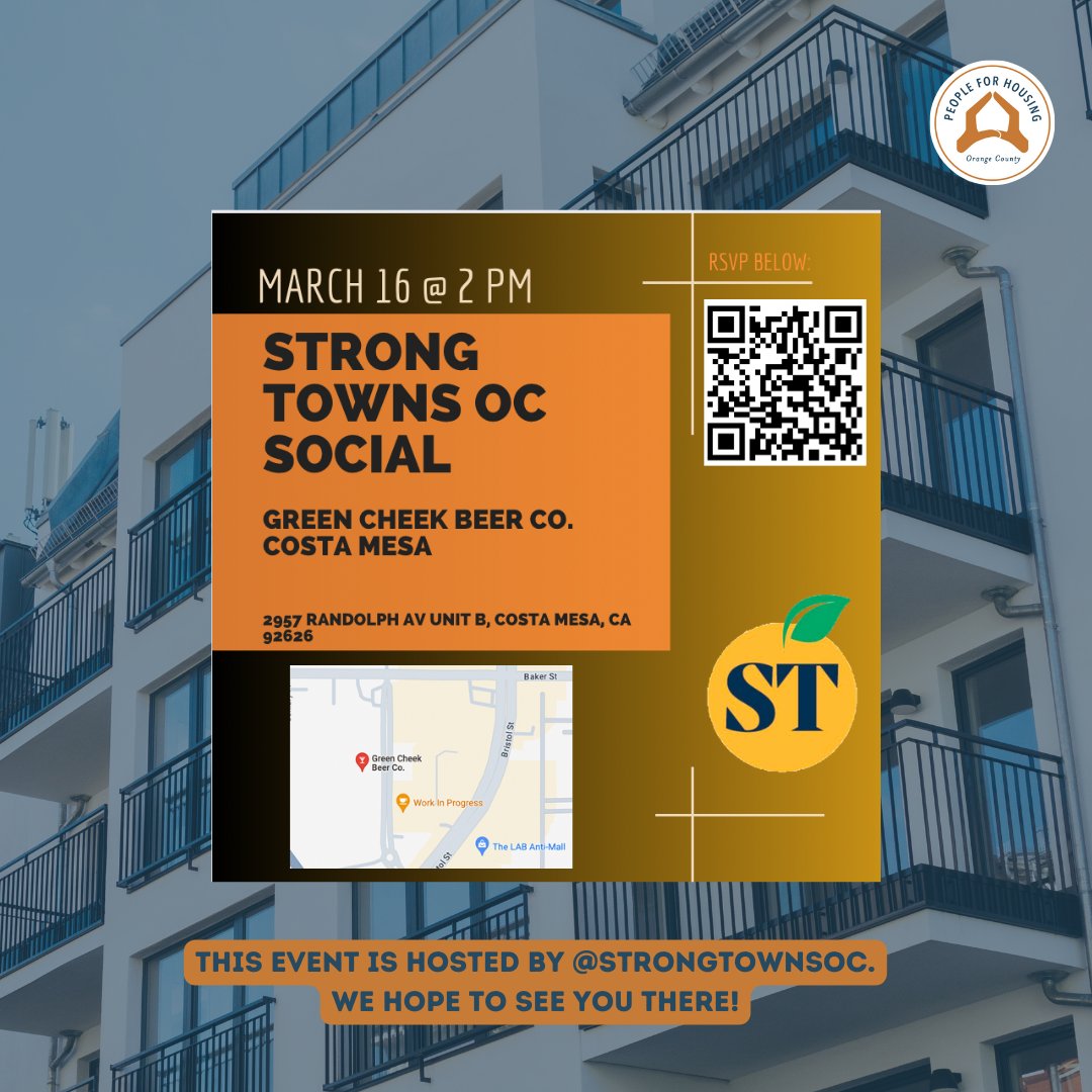 HousingOC's tweet photo. We will be attending this StrongTownsOC social event on March 16th at 2pm! Come meet allies for housing density in OC! 🏘️🤝 https://t.co/zyjHLX8bGY