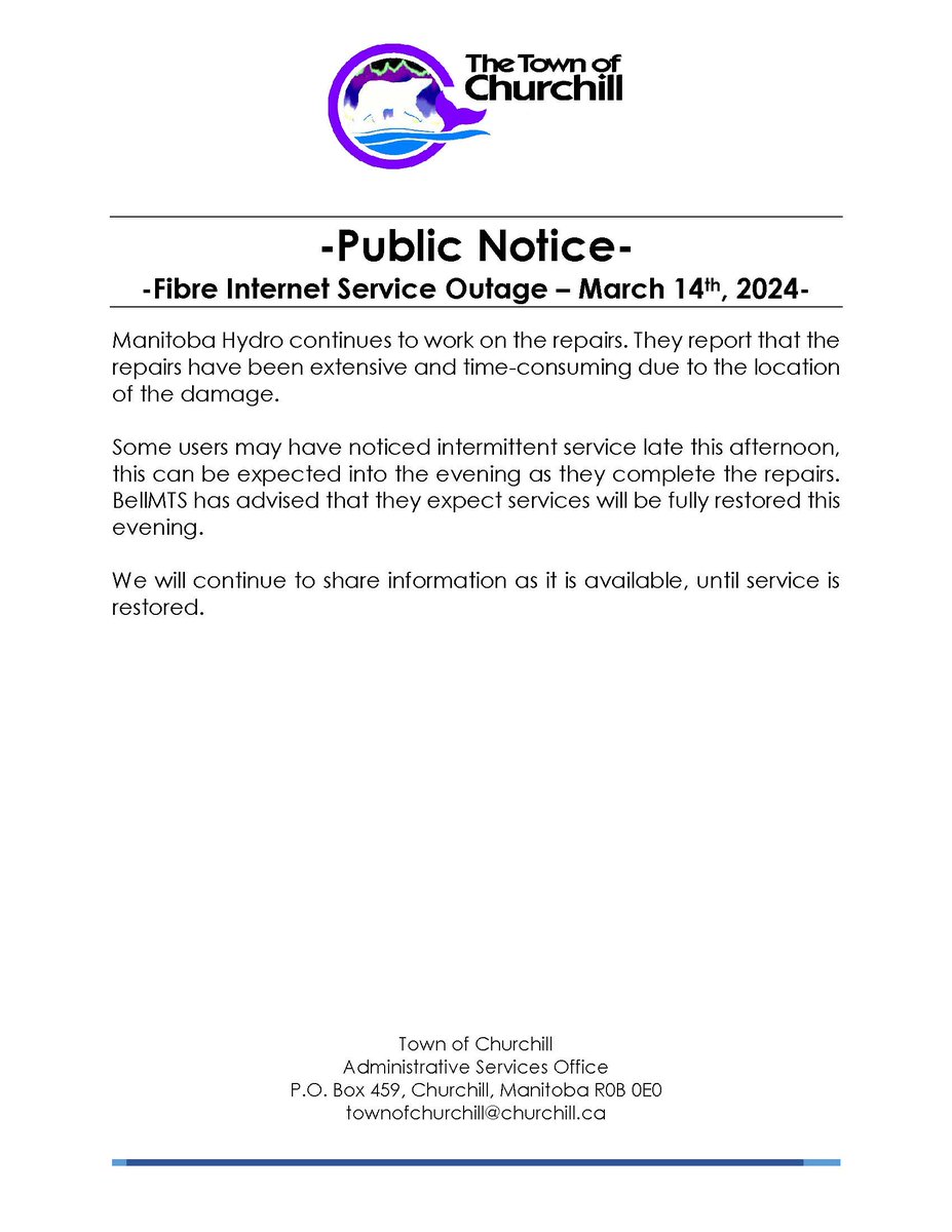 TownofChurchill's tweet photo. Public Notice - Internet Service Outage - March 14, 2024 https://t.co/4byhTkqGs0