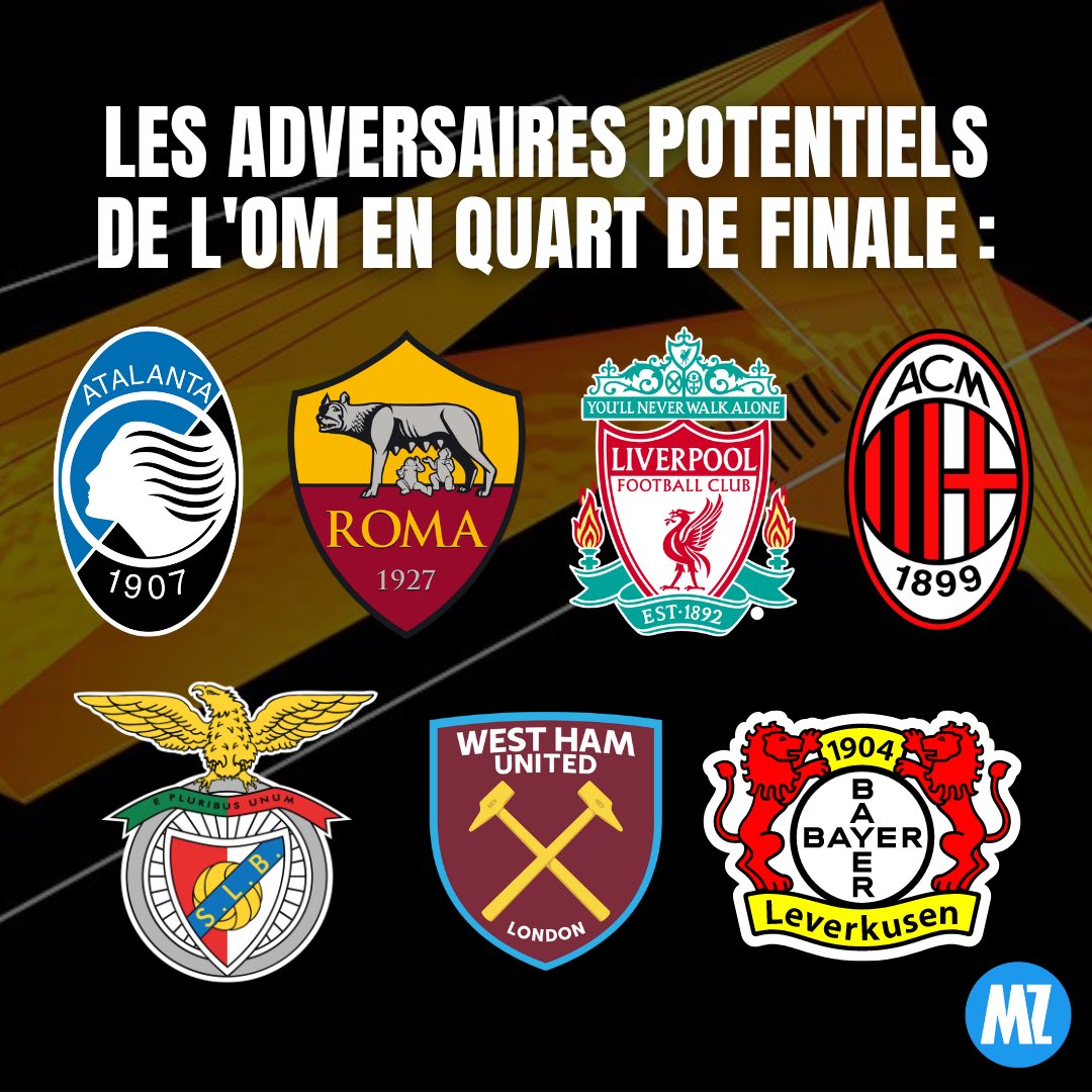 MassiliaZone's tweet photo. Voici les adversaires potentiels de l’OM pour le quart de finale d’europa League ! 🚨⚡️
Quel équipe souhaiteriez vous tirer ? Le meilleur/pire tirage https://t.co/LcBpvdsATY