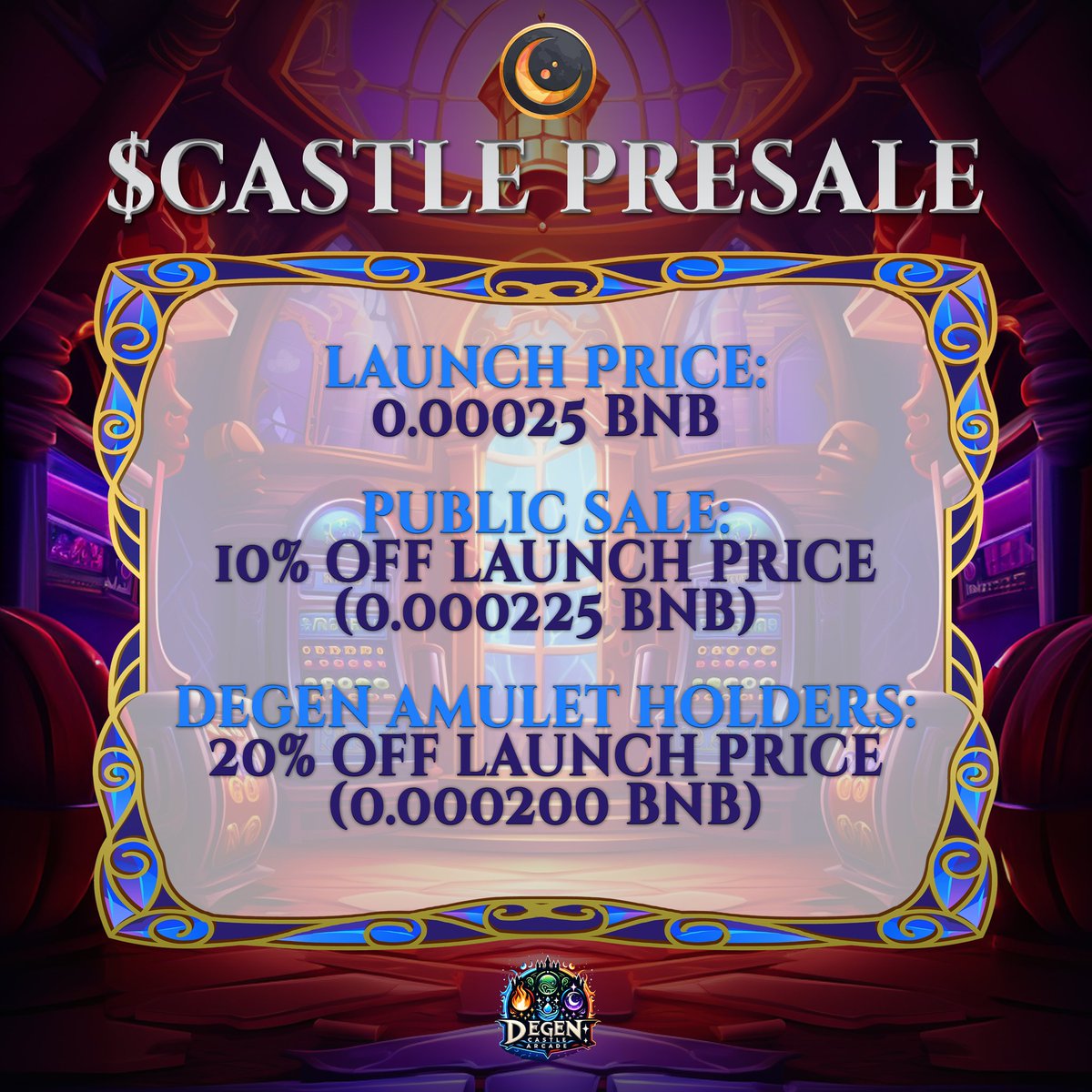 GM Degens! The $CASTLE presale is live on  Pinksale!

Secure your bag of $CASTLE and we'll see you inside BSCs hottest new meme coin arcade! 👇 

pinksale.finance/launchpad/0xF0…

$BLOCK $GMRX #BSCGems #BinanceBlockchainWeek