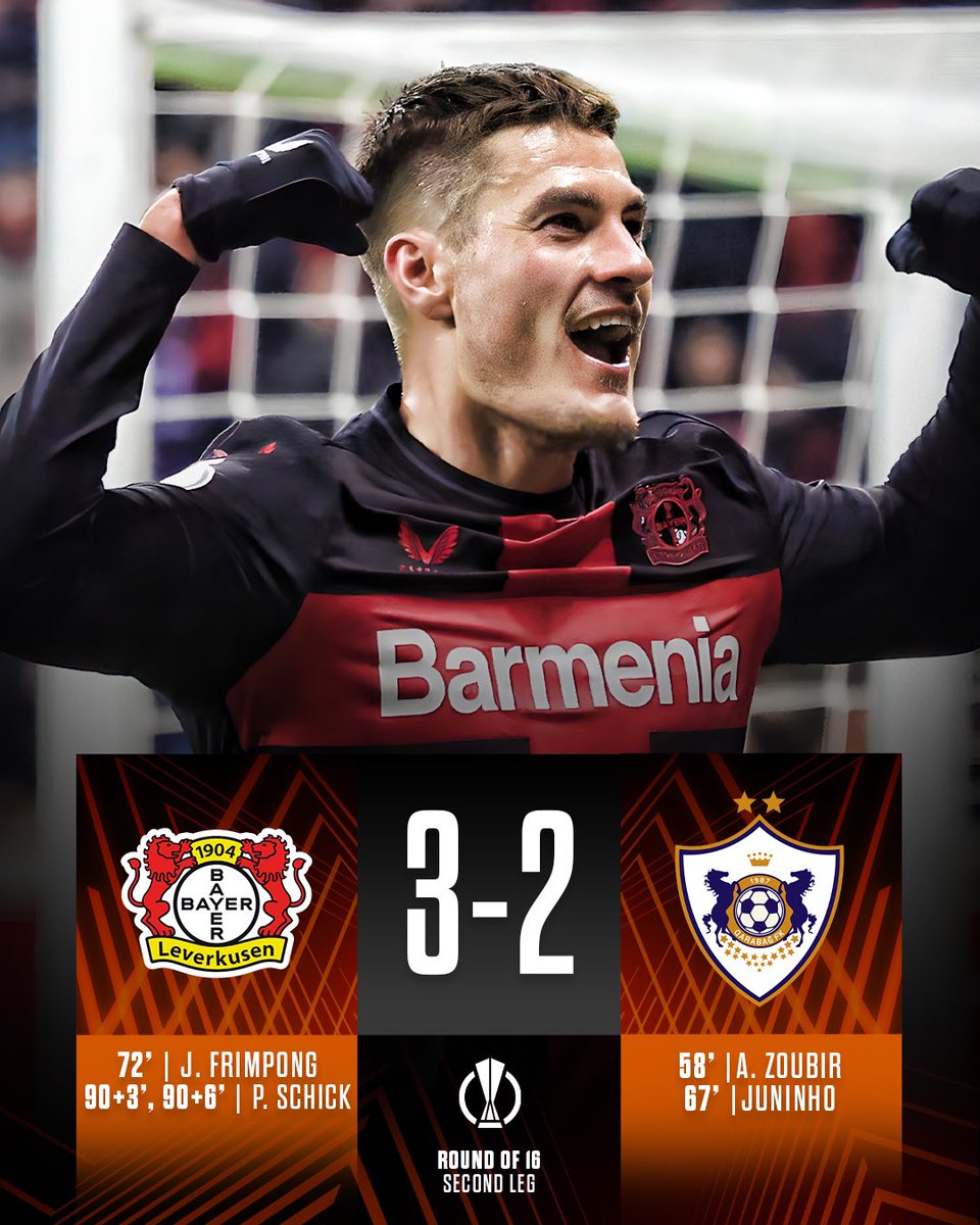🚨🤯 From 0-2, minute 67… to 3-2 with Frimpong (72’), Schick (92’) and Schick again (97’).

🔴⚫️ Bayer Leverkusen advance to Europa League quarter finals and make it 3️⃣7️⃣ games unbeaten!

Qarabag, eliminated.