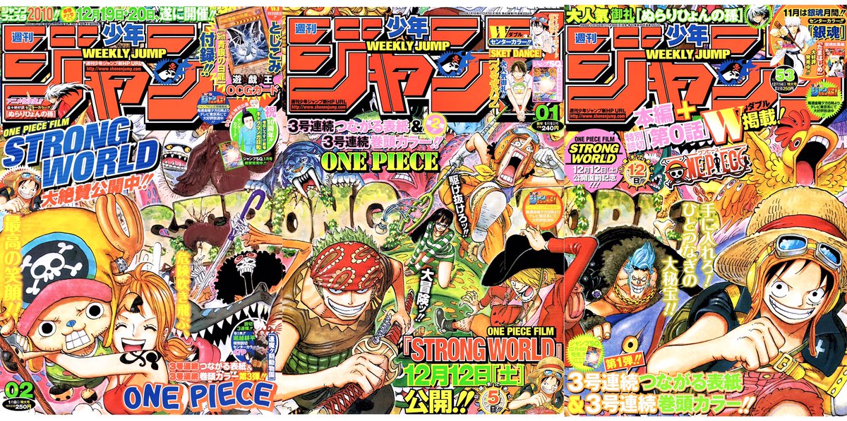 StrongWorld is the only film written by EiichiroOda & I love how he focused on OnePiece’s OriginalTrio. In these JumpCover they are main face of the cover.
Luffy & Nami was the main lead of the film & it’s so thoughtful of Oda how he included Zoro leading in front too.

#ONEPIECE
