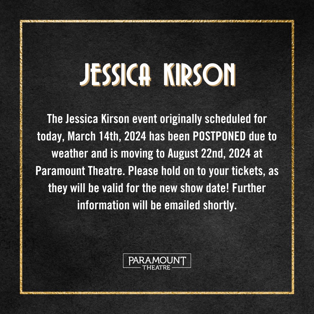 The Jessica Kirson event originally scheduled for today, March 14th, 2024 has been POSTPONED due to weather and is moving to August 22nd, 2024 at Paramount Theatre. Please hold on to your tickets, as they will be valid for the new show date! Further info will be emailed shortly.