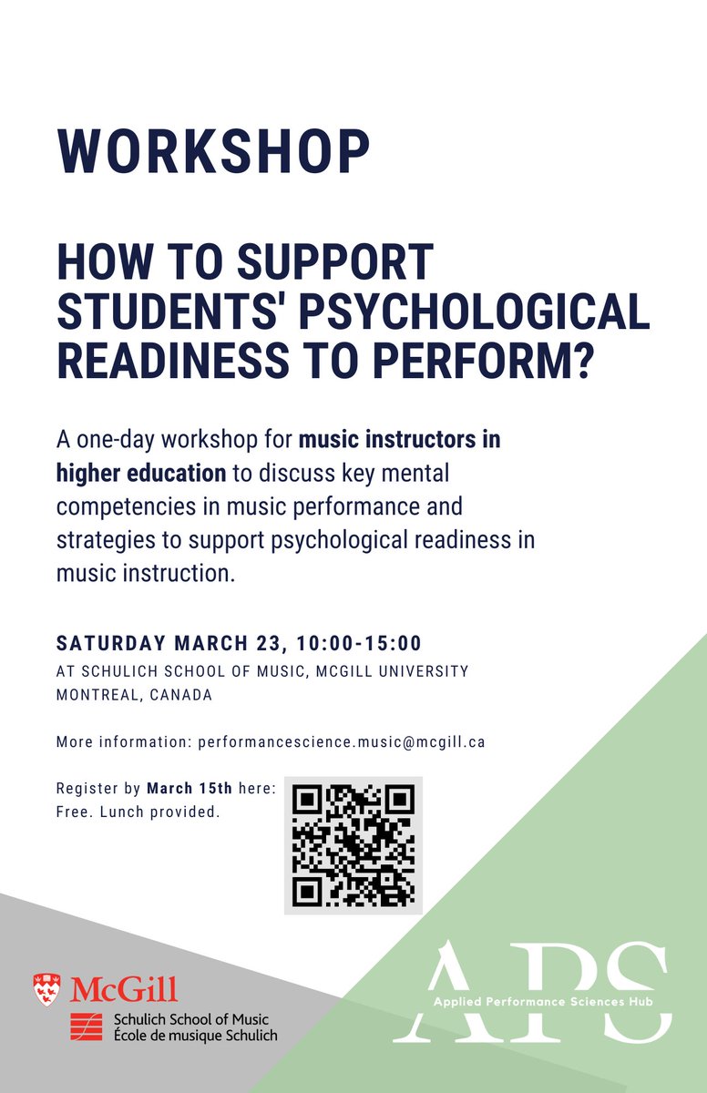 📢 We are inviting Music Instructors to take part in a workshop on #PsychologicalReadiness in #MusicPerformance. March 23rd, 10:00-15:00 @schulichmusic Montreal. Free & Lunch will be provided. Register here: forms.office.com/r/6BTWUbPaLw @APSHub_mcgill @mcgillu