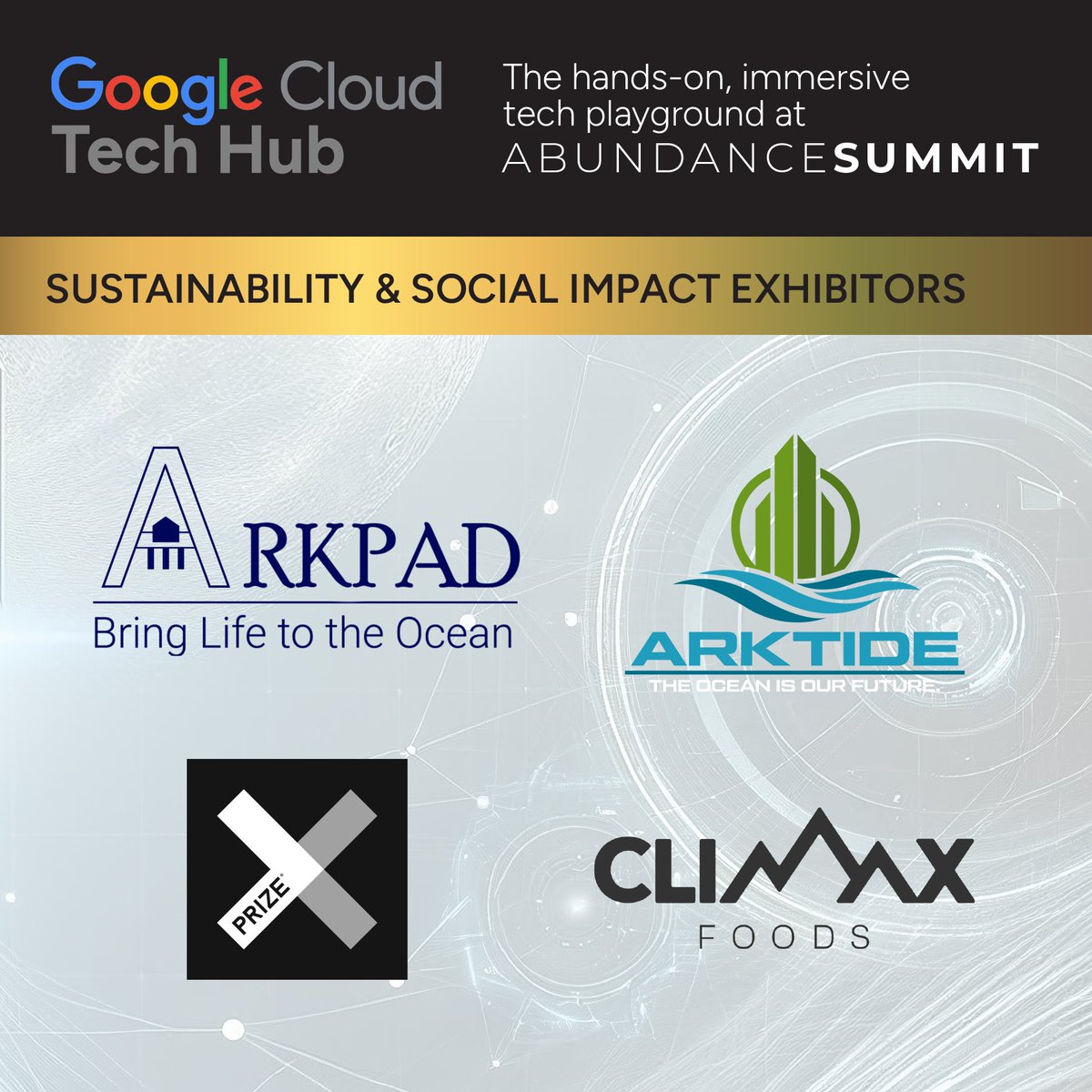 We're pleased to have impactful organizations like @xprize, @ClimaxFoods, @Arktide1, and @real_Arkpad with us at #AbundanceSummit2024, highlighting their missions to solve some of the world's grand challenges in health, sustainability, innovative housing, and so much more!