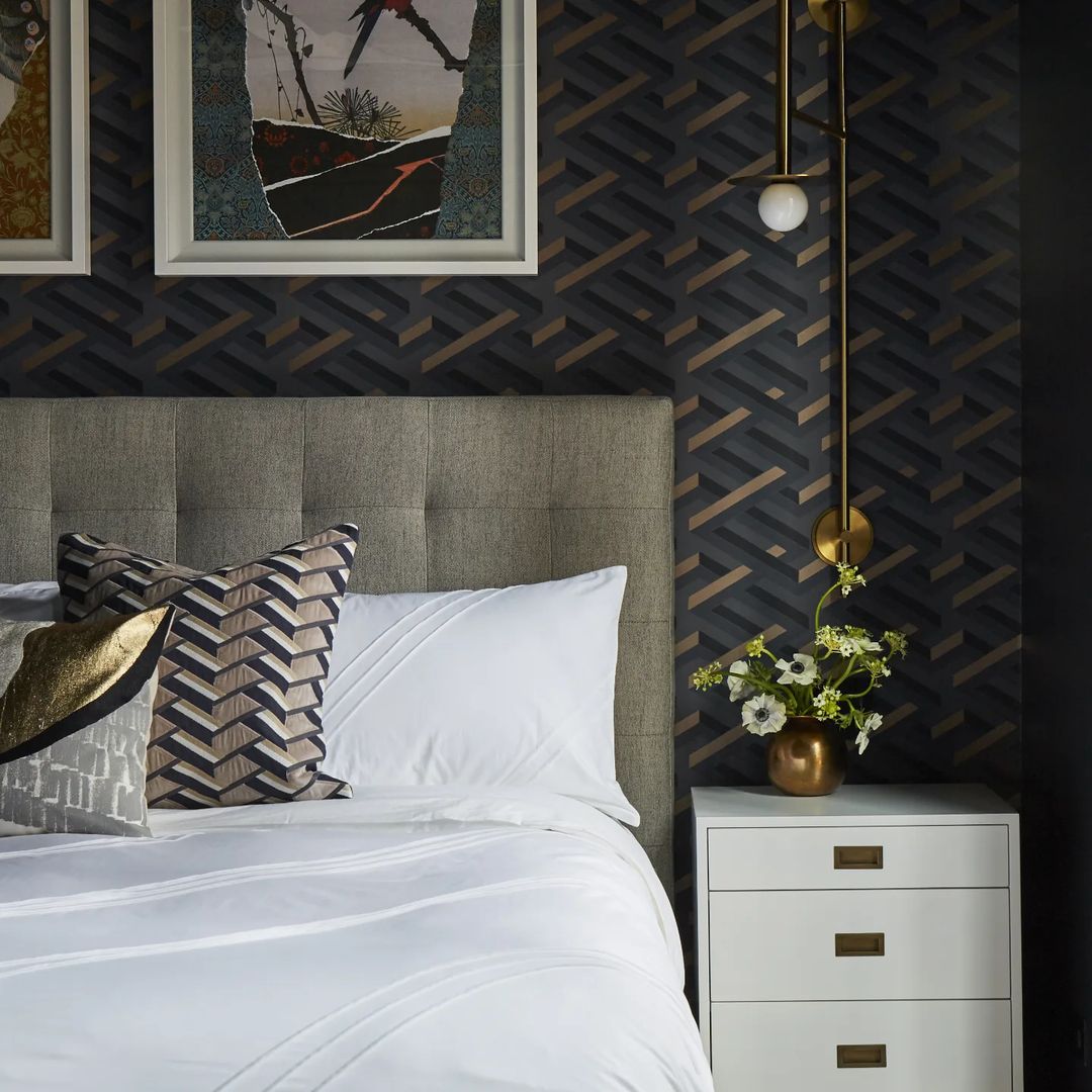 Transforming a primary bedroom in Chicago, Cole & Son's Luxor Wallcovering sets a chic backdrop, infusing the space with timeless elegance and sophistication. Designer: Phillip Harrison Interiors Photographer: Michael Alan Kaskel