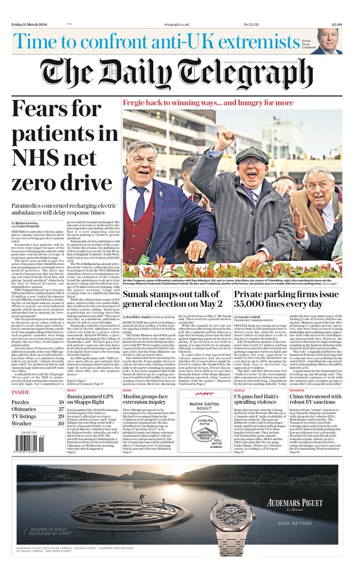 Friday’s Daily TELEGRAPH: “Fears for patients in NHS net zero drive” #TomorrowsPapersToday