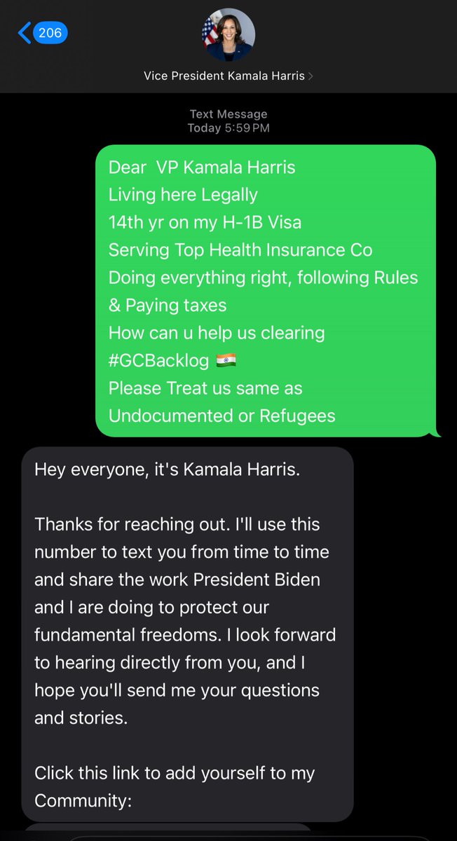 👋All text 310-861-2977 to  .@VP

Dear  VP Kamala Harris 
🇮🇳Living here #Legal
14th yr on my H-1B Visa
Serving Top #Health Insurance Co
Doing everything right, following #Rules & #Payingtaxes
How can u help us clearing #GCBacklog 
Please Treat us same as Undocumented or Refugees