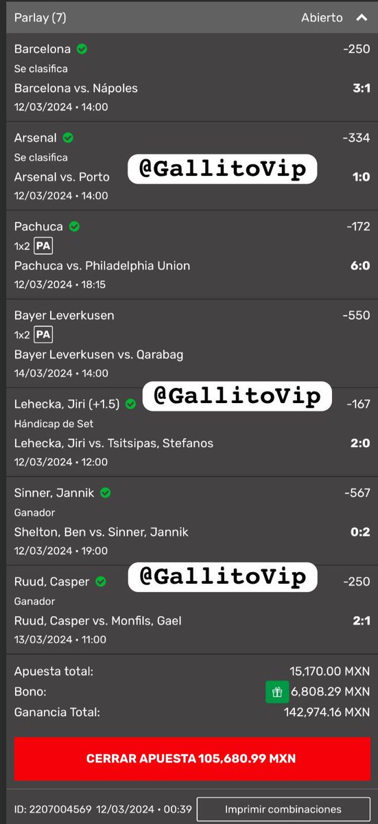 GRACIAAAAAAAS DE TODO CORAZON POR SER PARTE DE LA HISTORIA MAS GRANDE DE TODAS EN EL MUNDO DE LAS APUESTAS!!!!❤️

GANAMOS UN MILLON DE PESOS TODOS JUNTOS EN FAMILIAAAAA🔥

SON TESTIGOS Y AGRADEZCO VIVAN CONMIGO MI HISTORIAAAAA🤑

LISTOS PARA OTRO MILLON???😈

Entra al grupo