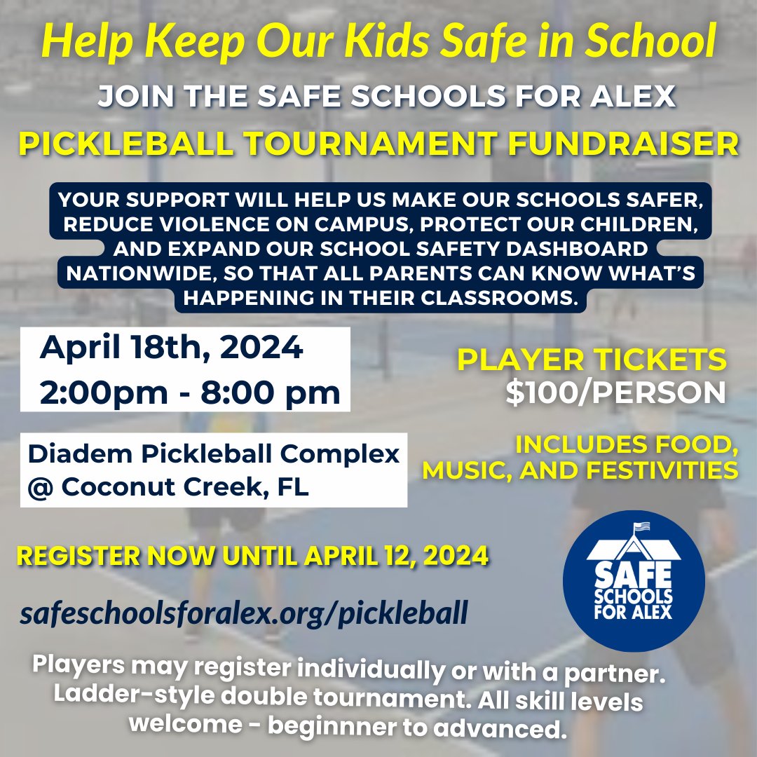 maxschachter's tweet photo. Get ready for our FIRST ANNUAL Pickleball Tournament Fundraiser! Join us on April 18th to aid in our mission to provide #safeschoolsforall . Sign up at https://t.co/VWze2MIlLG     #SafeSchoolsForAlex #SafeSchoolsForAll #Pickleball #Tournament #fundraiser https://t.co/LIEK9KqKfV