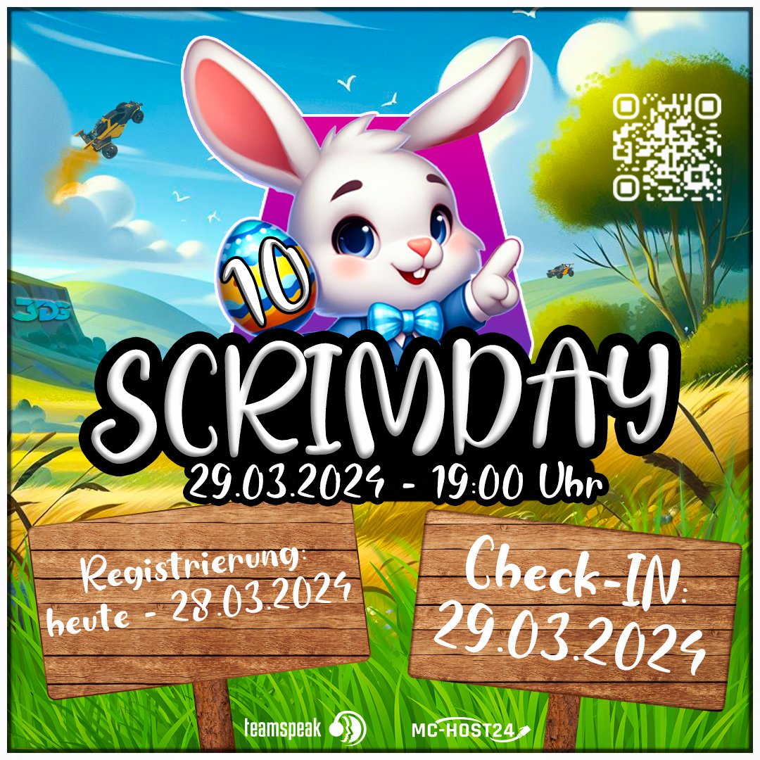 SCRIMDAY 10 🪺

Bevor verschiedenste Ligen ab April an den Start gehen, geben wir euch die Chance euer #RocketLeague Team auf die Probe zustellen!

Wann ➡️ 29.03.2024 
Wo ➡️ discord.gg/QQC5Upq4uX
Wer darf ➡️ Open Rank

Sponsored: <a href="/teamspeak/">TeamSpeak</a> <a href="/MCHOST24/">MC-HOST24.de</a>